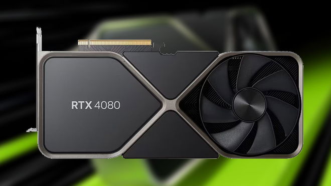 Nvidia 4080 founder's edition in front of press art of an Nvidia GPU