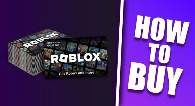 Black Roblox gift cards stacked up on one side of a white line in front of a purple backdrop. On the other, "HOW TO BUY" text in white.