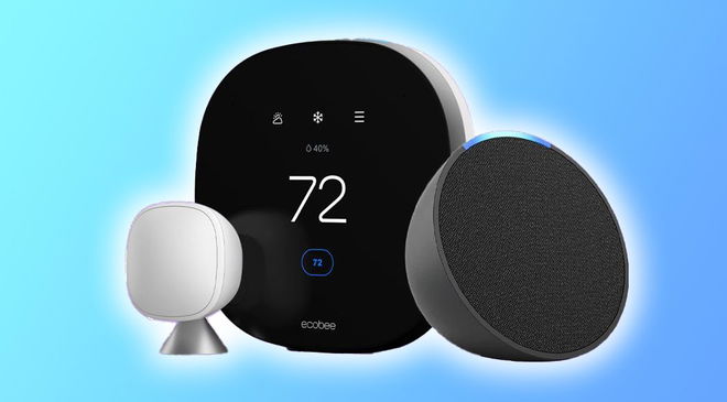 A black smart thermostat next to a white sensor and an Amazon Echo speaking in dark grey to the other side. All of these products are in front of a light blue gradient background.