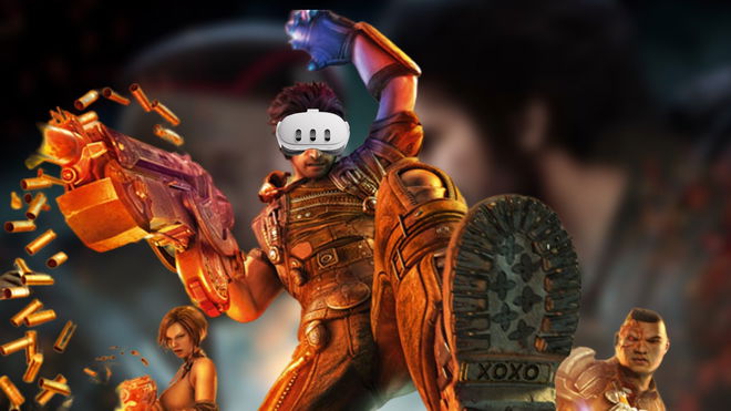 Grayson Hunt from Bulletstorm kicking and shooting while wearing a Meta Quest headset