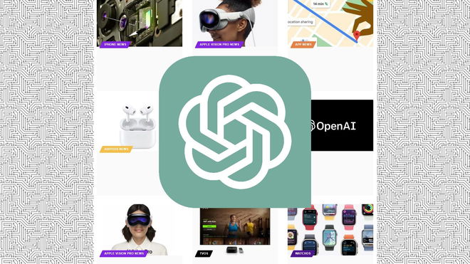 A screenshot of The Unofficial Apple Weblog's home page with various news featured images behind a ChatGPT logo
