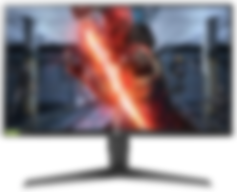 LG 27GL650F-B product image of a curved black monitor with someone in a red mask holding an orange flaming sword on the display.