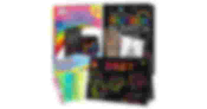 A Rainbow Scratch Book featuring black paper with rainbow designs scratched into them.