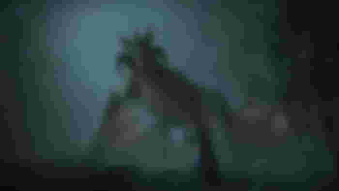 A wizard encounters a dragon in the woods - Hogwarts Legacy