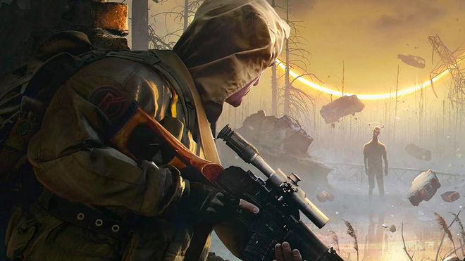 A hooded Into the Radius 2 character looking out into an anomaly while carrying a gun, various floating objects and a humanoid creature in the distance.
