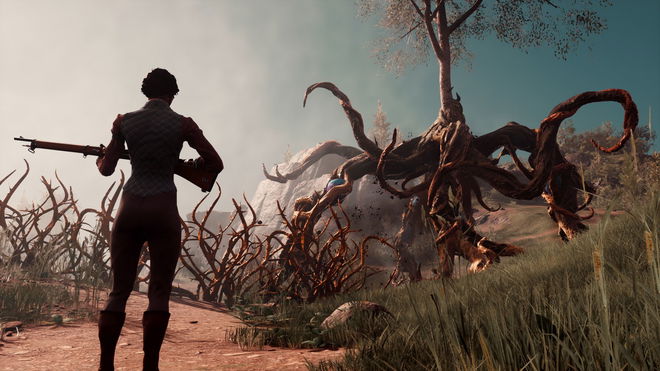 Nightingale player holding gun with monster in background