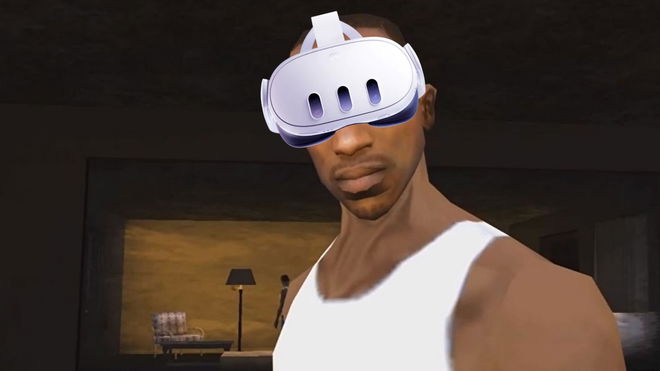 CJ from Grand Theft Auto (GTA) San Andreas wearing a white Meta Quest 3 VR headset