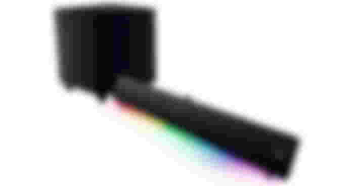 Razer Leviathan V2 Pro product image of a rectangular black soundbar with RGB lighting underneath, the soundbar placed next to a black subwoofer.