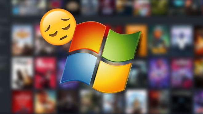 A sad face emoji next to the Windows 7 logo