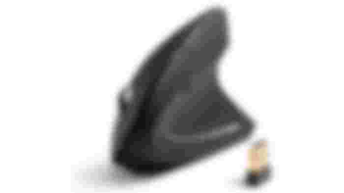 Anker Vertical Ergonomic Mouse product image of a black vertical mouse with an accompanying USB stick.