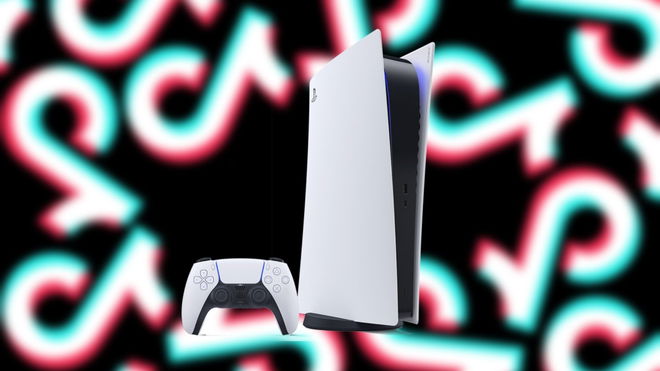 An image of a white PS5 and TikTok logos in the background - How to Stream on TikTok from PS5