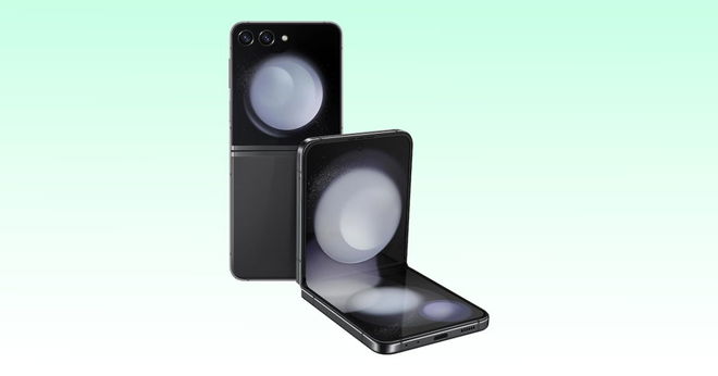 A black foldable Samsung phone.