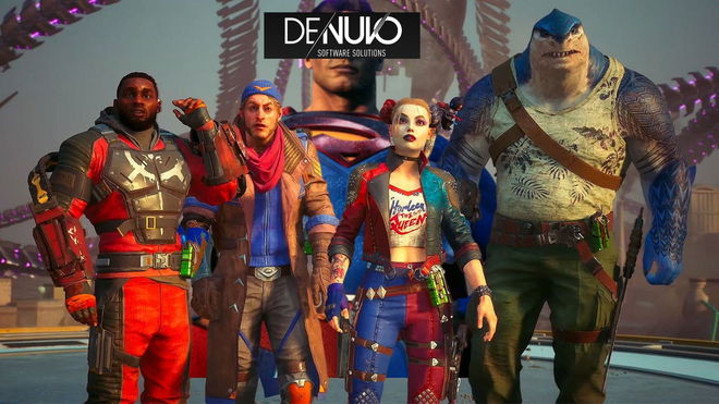 Suicide Squad characters from the game in front of a Superman with Denuvo logo on him