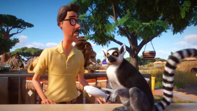 A Planet Zoo: Console Edition screenshot of a zoo keeper and a lemur holding a controller 