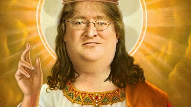 Steam Gabe Newell in a priest robe on a holy background 