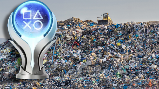 easy platinum trophy shovelware a massive prize is seen in a garbage dump