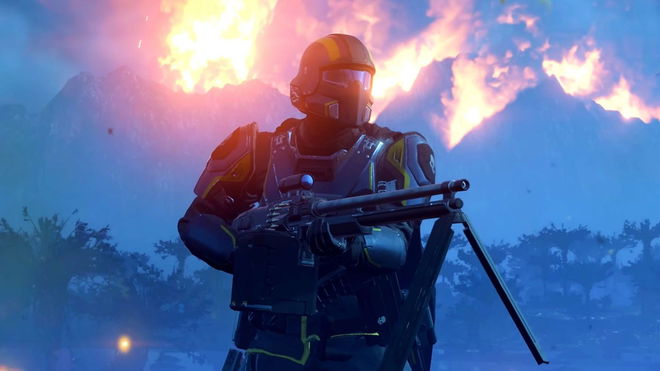 An image of the Helldivers 2 update roadmap and future content and a Helldivers character holding gun