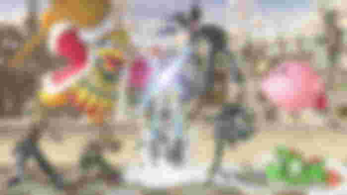 A screenshot of Super Smash Bros Ultimate featuring Cloud, Jigglypluff, Fox, Kirby, Bayonetta, Yoshi, and Snake