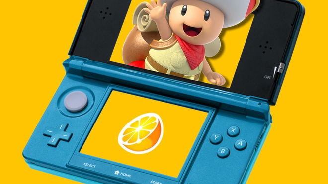 Captain Toad jumping out of a Nintendo 3DS console 