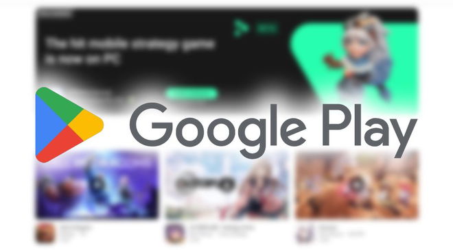 The Google Play logo in grey with a green, blue, yellow, and blue triangle next to it. Behind the logo, a blurry screenshot from the Google Play Store.