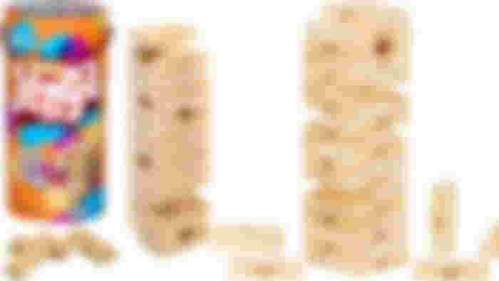 Jenga blocks in light brown wood next to their box.