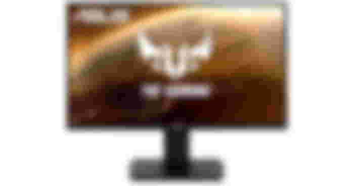 ASUS TUF Gaming VG289Q product image of a black monitor with white branding on the display in front of a graphic of an orange planet.