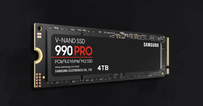 A black SSD featuring white and red branding on top in front of a smoky dark gray background.
