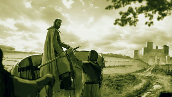 The Valiant - knight on a horse takes a sword from a man as he rides towards a castle
