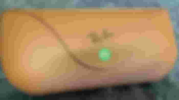 Ray-Ban Meta sunglasses case with the button glowing green for battery life