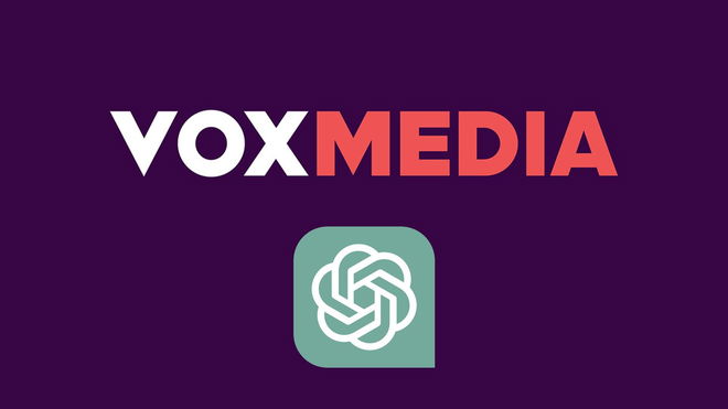 The logo for Vox Media in front of a purple background with a ChatGPT logo underneat