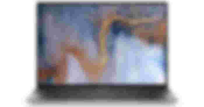 Dell XPS 13 product image of a thin gray and silver laptop with an orange line running in waves across the screen.