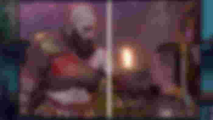 Side-by-side in-game image from God of War of Kratos in brown, red, and gold armour on the left holding Atreus on the right with a slight blur.