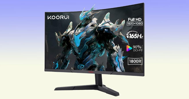 A black gaming monitor featuring a silver and blue robot on the display along with various specs listed in white.