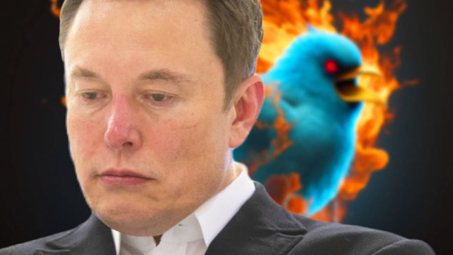 Twitter CEO Elon Musk looking sad on top of a flaming Twitter bird icon 