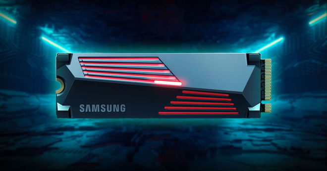 A black SSD featuring gray Samsung branding and red lines across the top in front of a blurry blue backdrop.