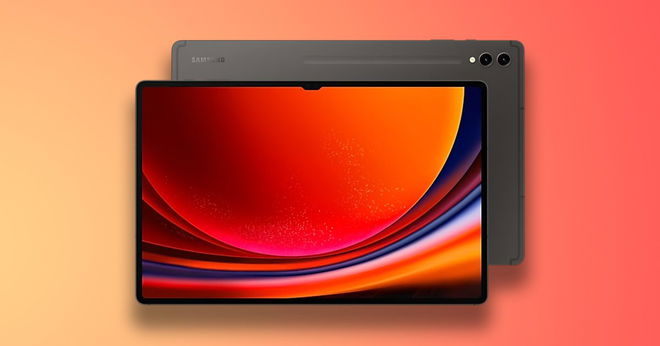 A light gray Samsung tablet with an orange circular pattern on the display in front of an orange gradient background.