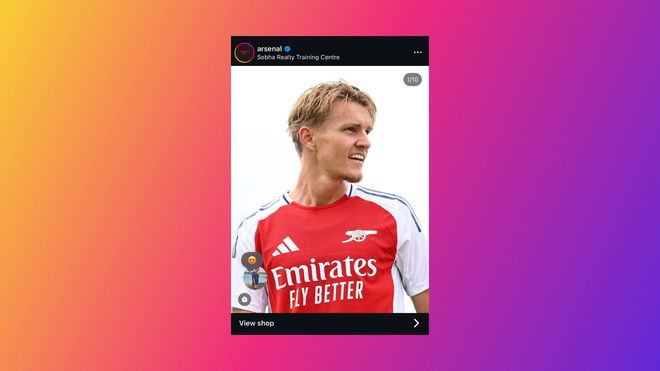 A screenshot of an Instagram post by Arsenal featuring a player in a red and white jersey, with a note added using a heart-eyes emoji - Disable Notes on Posts and Reels 
