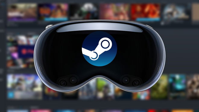 Apple Vision Pro with the Steam logo in the centre, in front of a Steam library