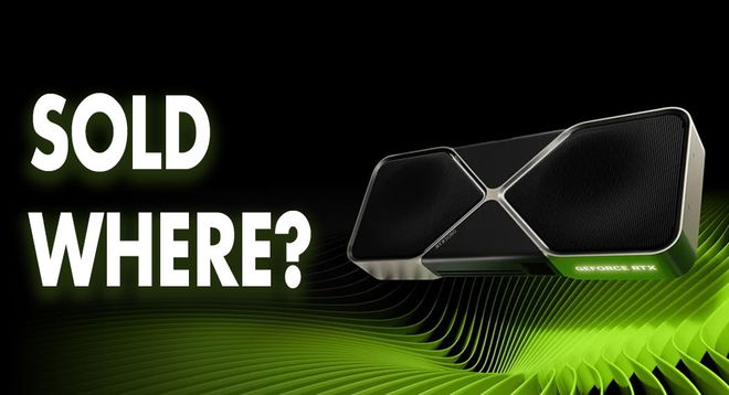 An Nvidia graphics card in black and grey next to white "SOLD WHERE?" text.