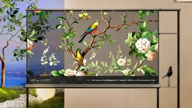 An image of the LG Signature OLED T transparent television in a fancy hotel room 