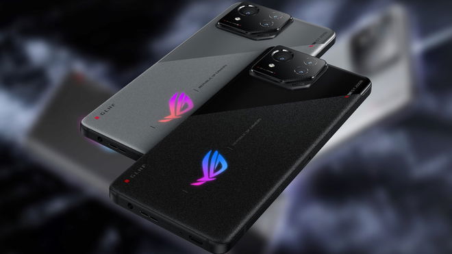 ASUS ROG Phone 8 base models lying in front of a blurred press image