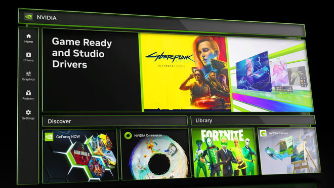 nvidia app promo first page green panels, black background, cyberpunk and fortnite drivers