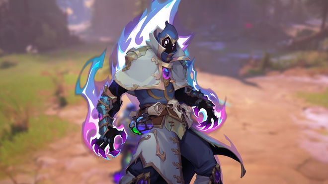 Kyros in front of a blurred gameplay screenshot of Wayfinder
