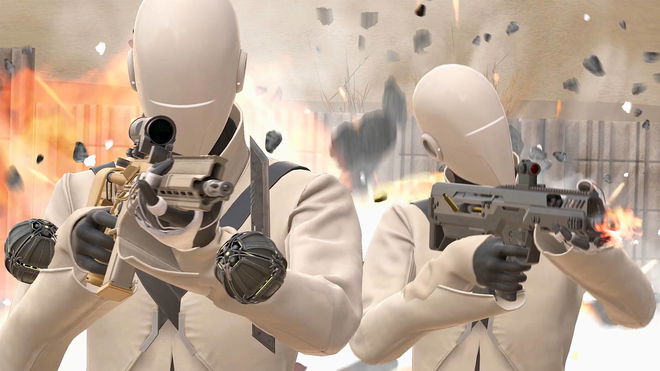 Two VAIL players donning white suits and full facemasks while carrying SMGs.