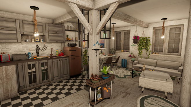 House Flipper 2 Game Pass - a house in wood with sofa and a kitchen