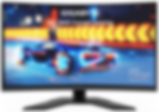 Gigabyte G32QC A product image of a black monitor with a Tron-like car lit up in blue racing on the display.