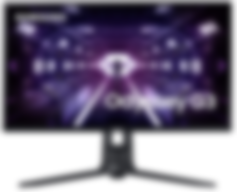 Samsung Odyssey G3 Series product image of a black monitor with a Sci-Fi hallway lit up in purple on the display.