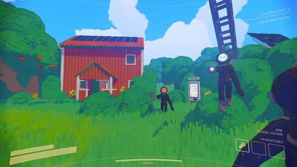 Content Warning players with Red building in background