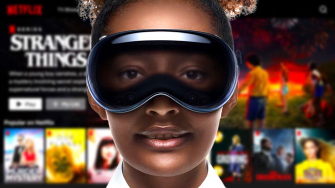 A woman wearing the Apple Vision Pro in front of the Netflix Home Screen