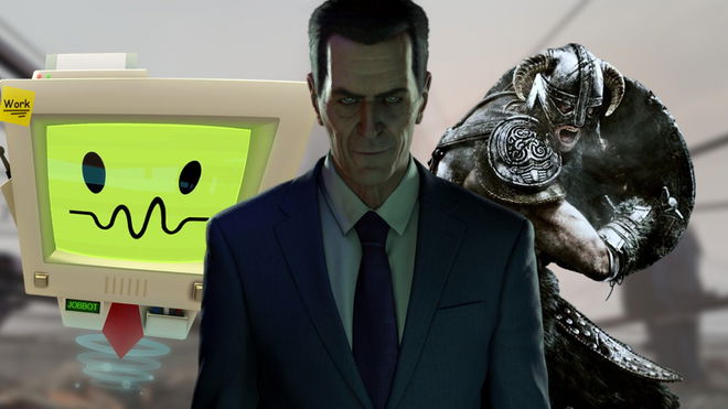 G-Man in front of the computer from Job Simulator and the Dovahkiin from Skyrim